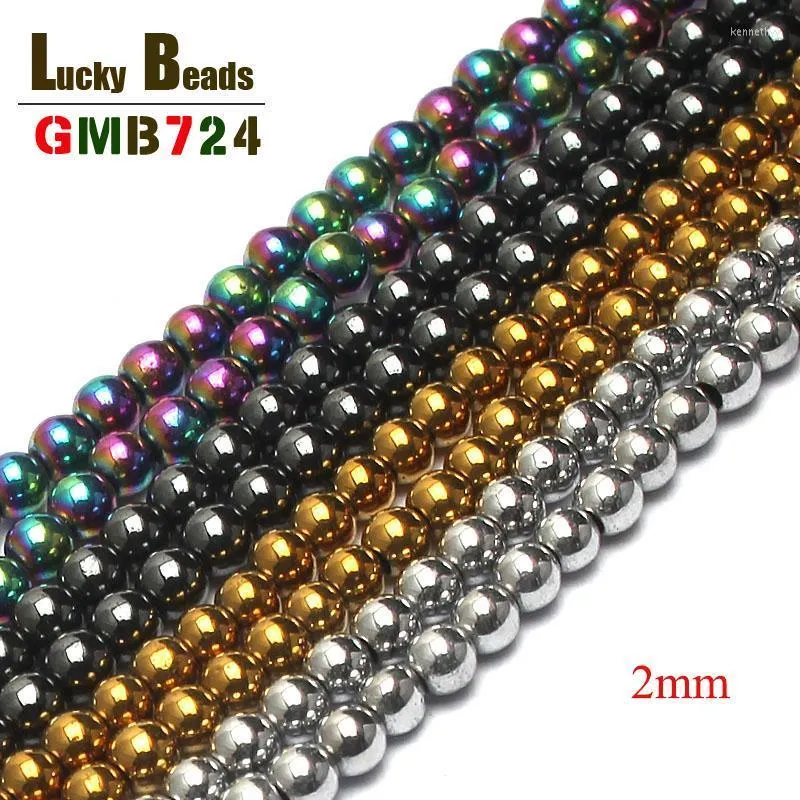 Autres perles en pierre naturelle de 2 mm, hématite plaquée noir/multicolore/or/argent pour la fabrication de bijoux, bracelet à bricoler soi-même, brins de 15 pouces Kenn22
