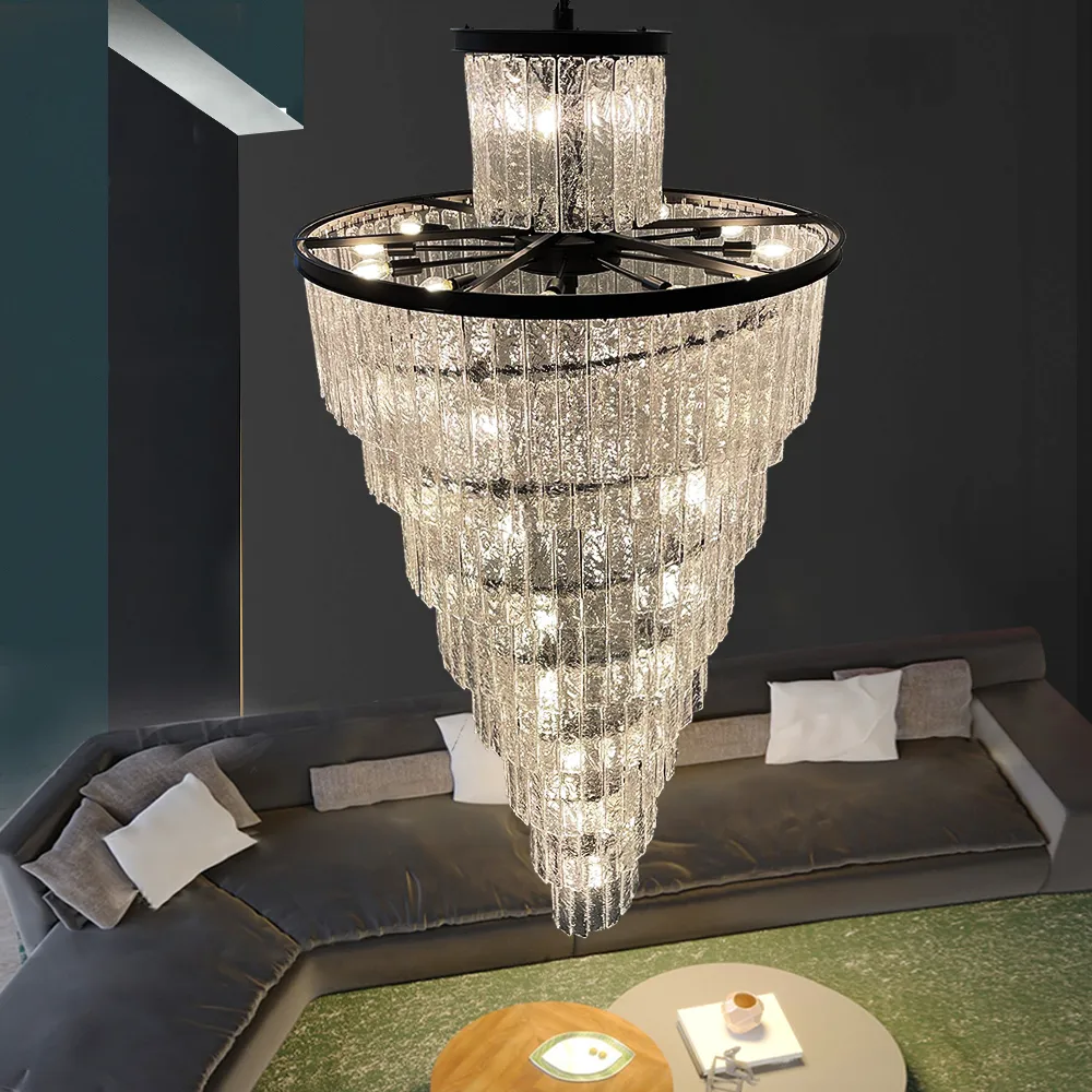 Lámparas colgantes modernas, candelabro de habitación negro, gran escalera de lujo, lámpara de cristal, decoración larga para el hogar, luz led para loft
