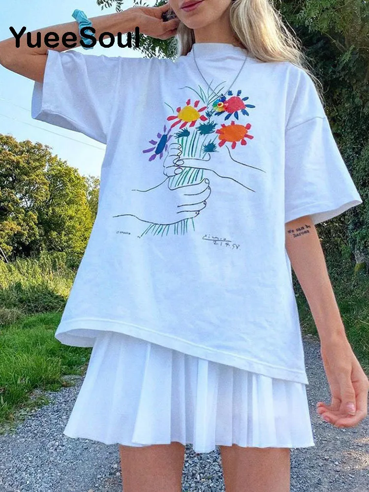 T-shirt femme imprimé floral doux graphique à manches courtes col rond T-shirt ample surdimensionné Y2K Casual Street E Girl Tops d'été 220719