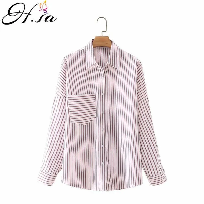 Hsa Harajuku Fashion Woman Tops Bluses Turn-Down Collar Chic Stripe Long Sleeves Button Loose Top Shirt Blusas 210716