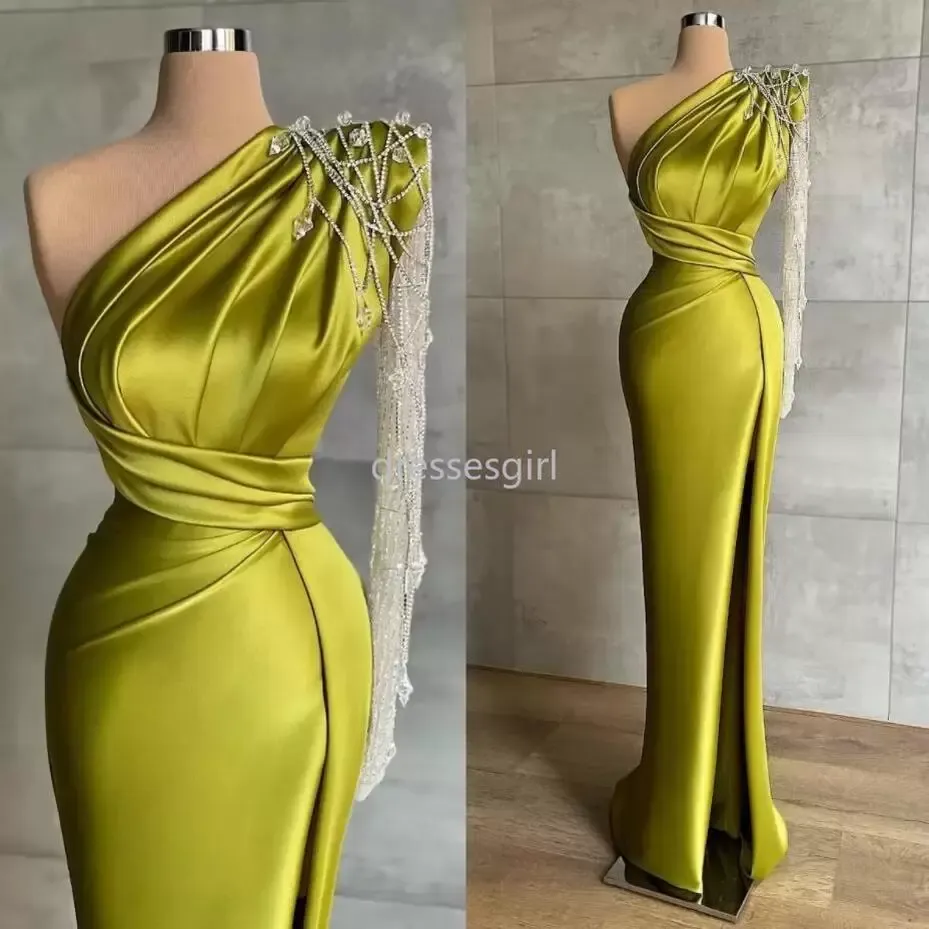 저녁 올리브 드레스 1 개의 어깨 긴 슬리브와 함께 녹색 2022 구슬로 만든 맞춤형 바닥 길이 하이 분할 파티 가운 공식 OCN웨어 vestidos