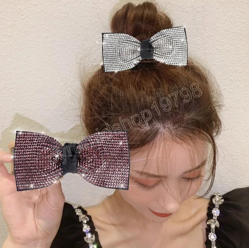 9cm Bowknot Barrettes Fashion Korean Hairpins Women Shiny Color Rhinestone Ponytail Clip Hwadwear Hair Accessories