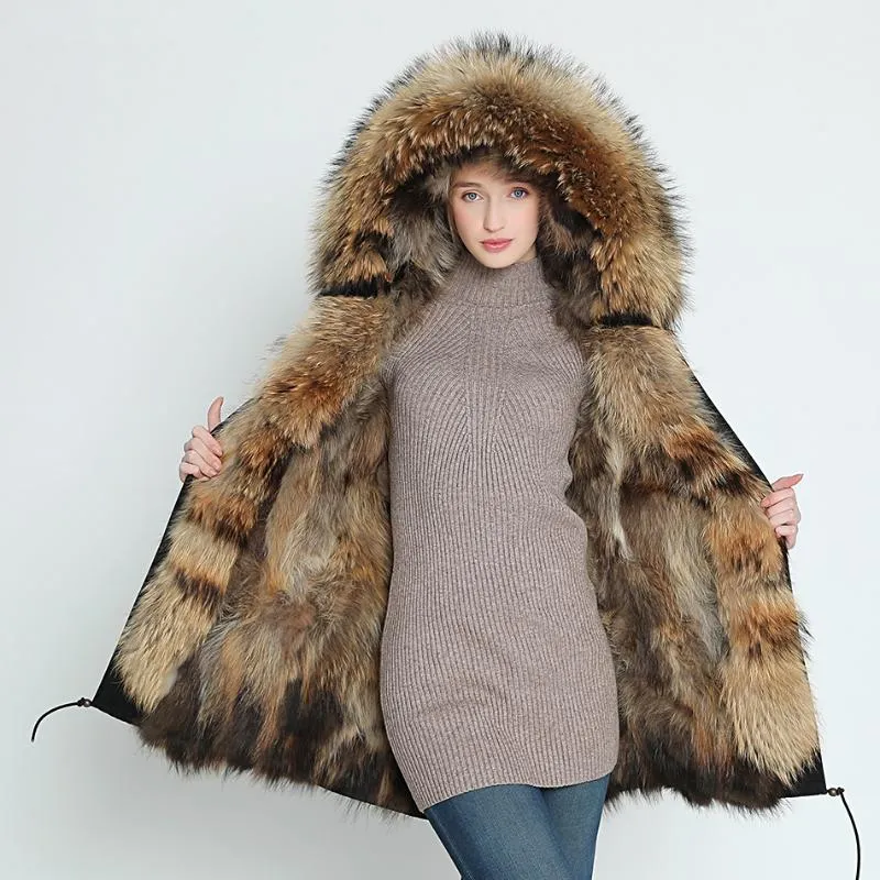 Kvinnors päls faux märke 2022 Real Coat Winter Jacka Women Parka Big Natural Raccoon Collar Thick Warm Liner Parkaswomens Women's Swomen's