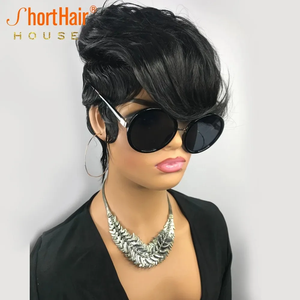 Kort Pixie Cut Människohår Peruk Naturliga vågiga limlösa peruker med lugg Brasilianskt Remy-hår för svarta kvinnor Helt maskintillverkat