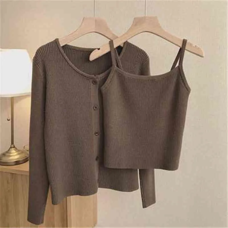 Frauen Pullover Koreanische Zwei Stück Anzüge Casual Sling Hemd Gestrickte Weste Jacke 2021 Frühling Slim Fit Fashion Solid 2 k Sets weibliche J220915