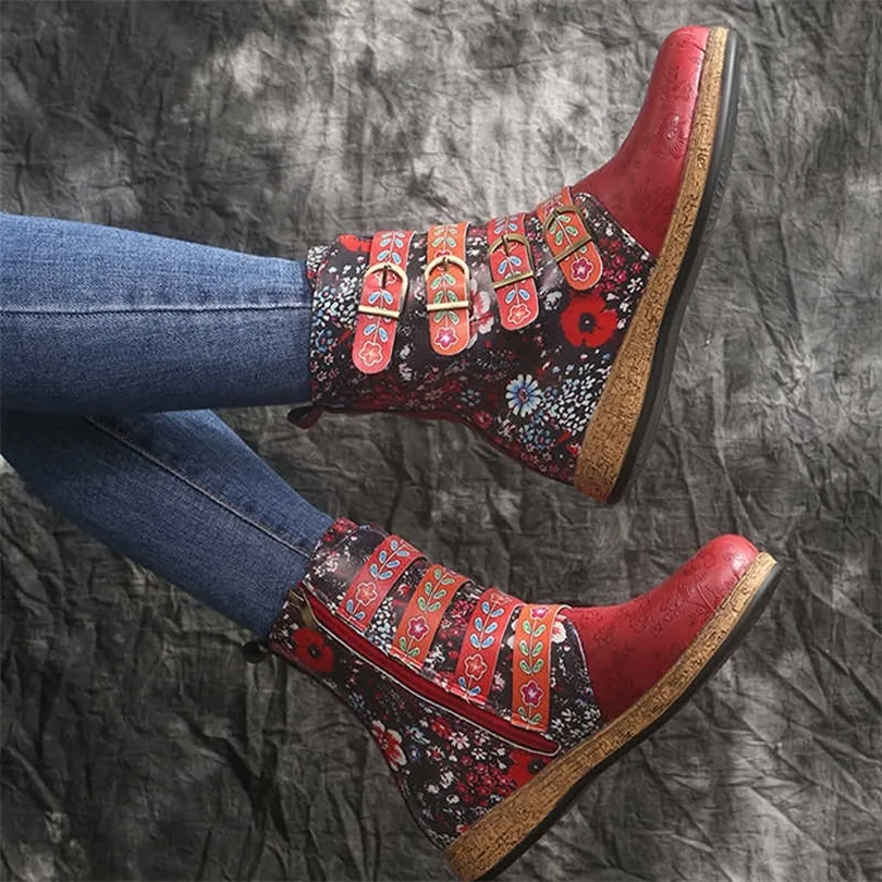 Socofy Women Boots Boots Retro Printed Metal Buckle мягкая кожаная молния на молнии сапоги Ladies Women Botines Mujer 210911