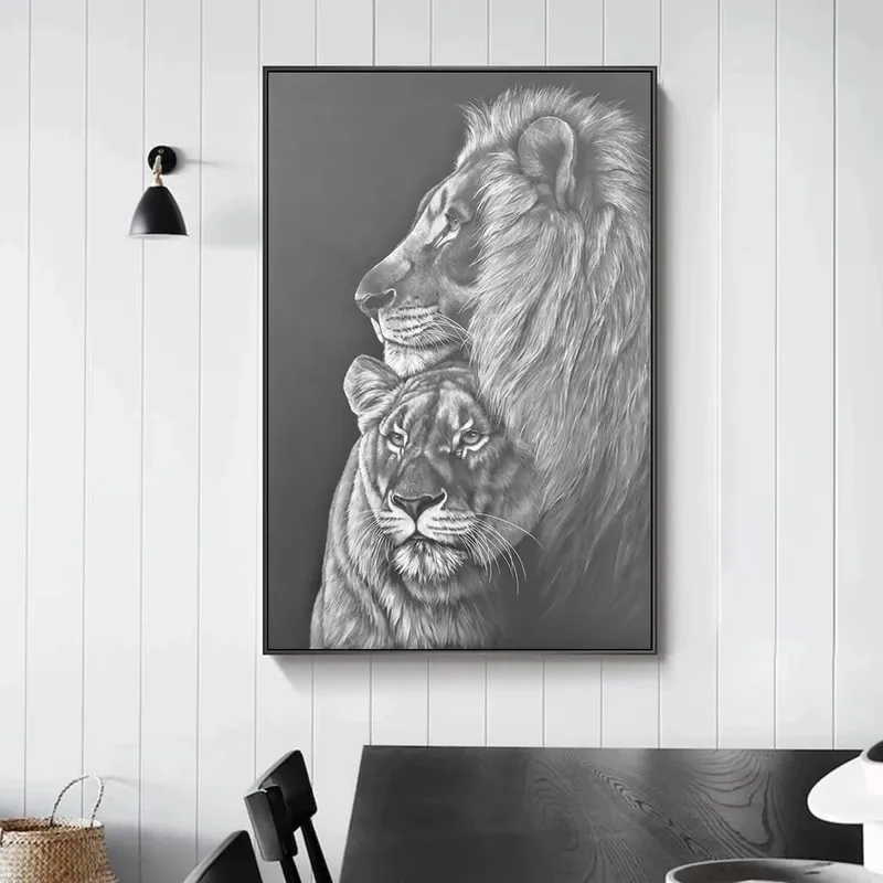 Black and White Lions Sketch Art Canvas Paintings Posters and Prints African Lions Family Wall Animals Art Pictures Home Decor
