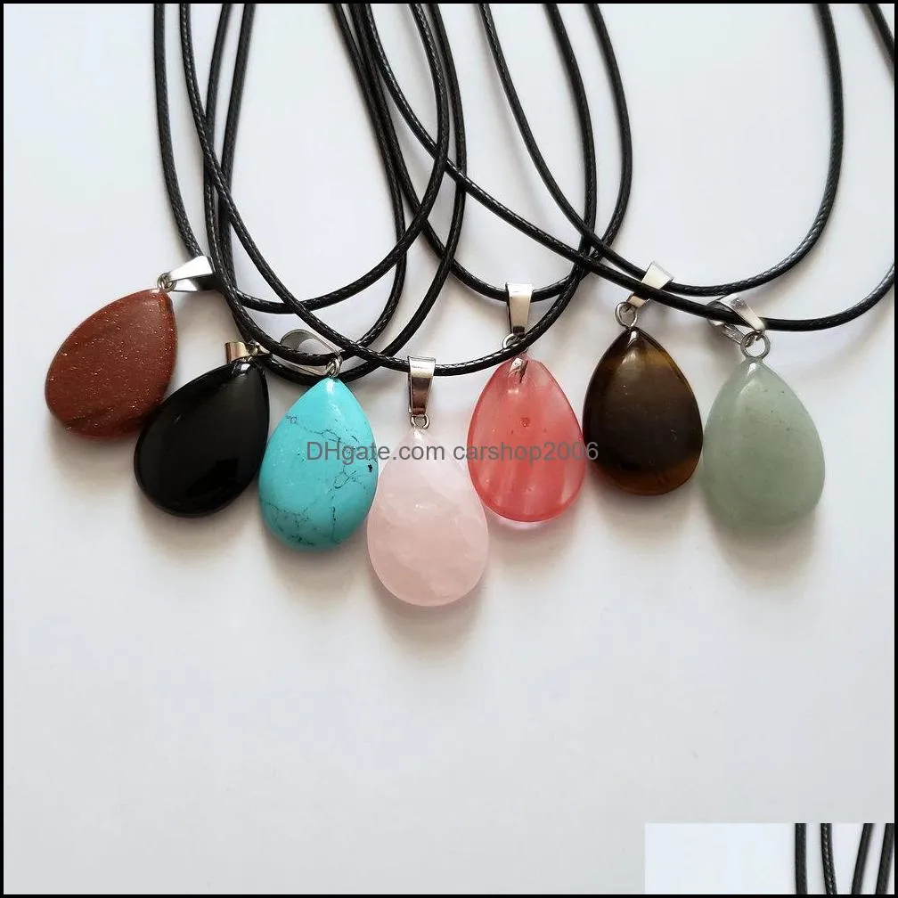 wholesale 24pcs/lot mixed natural stones pendants water drop pendulum leather chains necklace reiki fashion jewelry