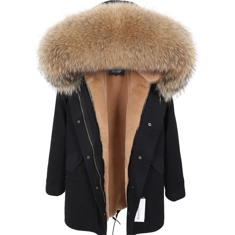 MAOMAOKONG Echter Waschbärpelzkragenmantel Damenbekleidung Langer dicker warmer Mantel weiblicher Wintermantel Parkas 201214