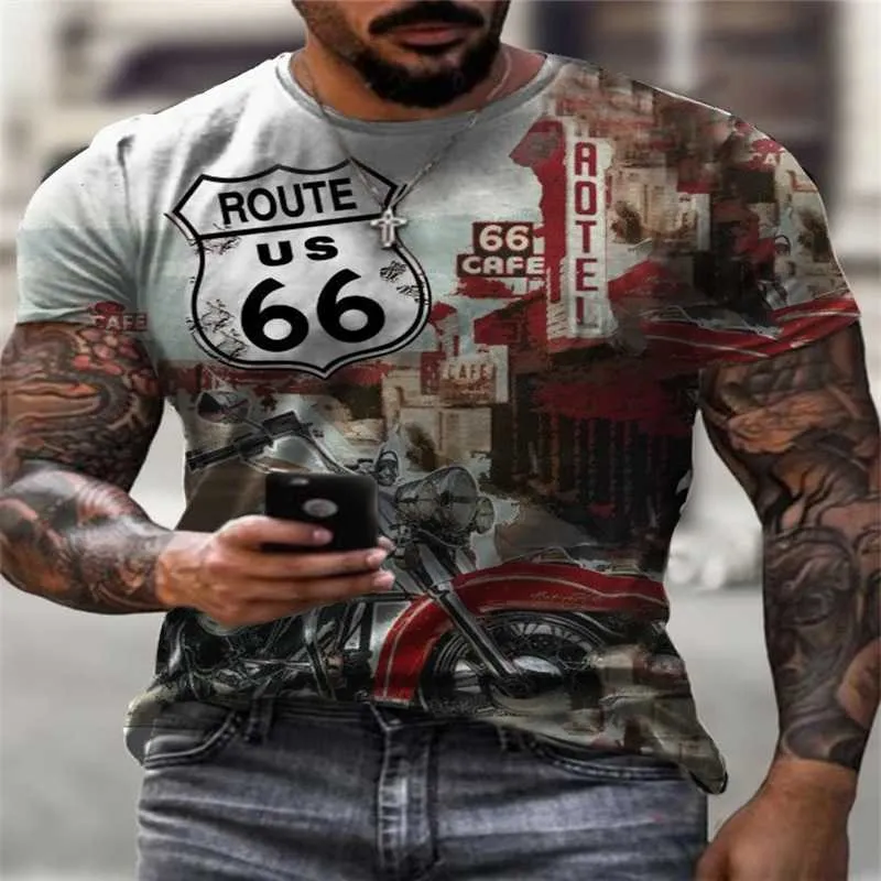 Herren T-Shirts Vintage Route US 66 Grafik 3D-Druck T-Shirt Streetwear Lose O-Ausschnitt Kurzarm Übergroß Lässig