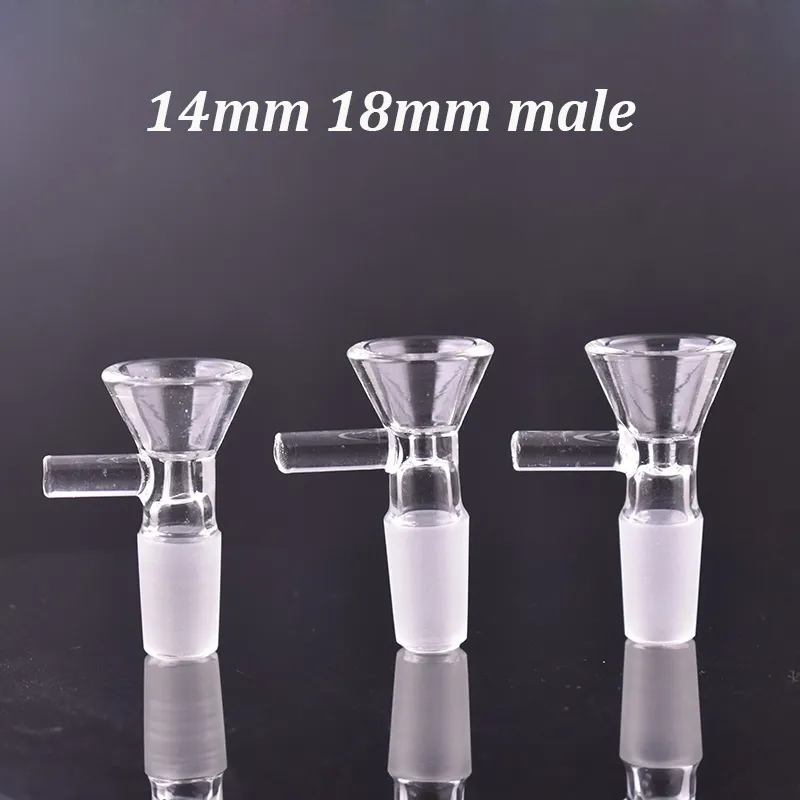 Billigaste glasskålröret klara reglagen 14.4mm 18.8mm Kvinnliga manliga fogar torra ört tobakskålar med handtag för DAB Rig Bong Tillbehör