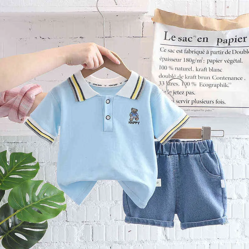 1 2 3 4 5 Jahre alte Jungen Kleidung Set Baumwolle Streifen Cartoon Bär T-Shirt + Denim Shorts 2 Stücke Anzug für Kinder Jungen Casual Outfit G220509