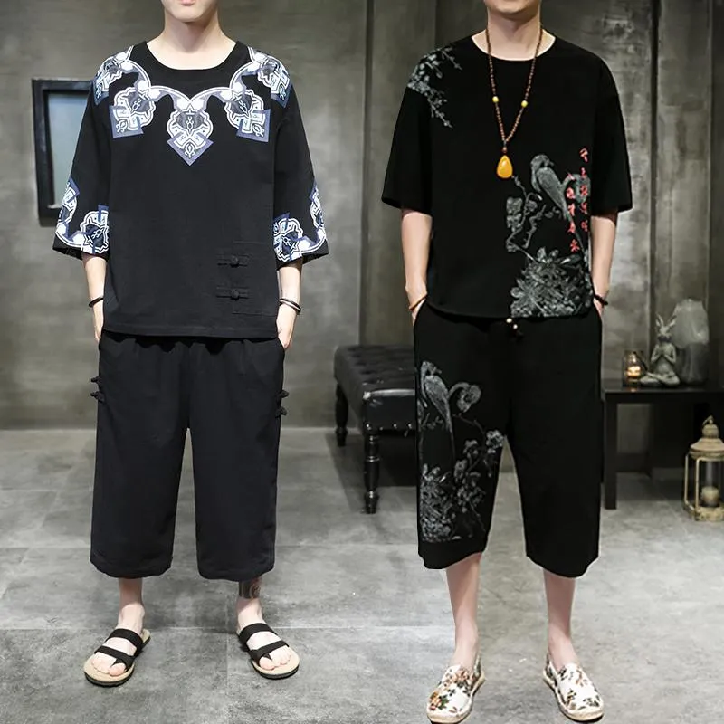 Agasalhos masculinos estilo chinês verão estampa étnica shorts manga curta camiseta terno masculino tamanho grande solto casual hanfu masculino