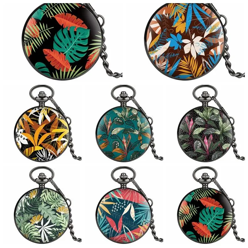 Orologi da taschino Moda Colorato Personalizzato Più Piante Tropicali Foglie Fiori Design Catena per orologi al quarzo Relojes De BolsilloPocket