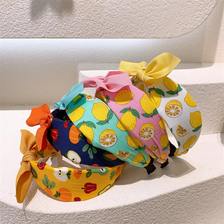 2022 New Korean Fashion Children's Headband Hair Accessories Cute Princes Girl Simple Fruit Printed Fabric Bow Width Hairband