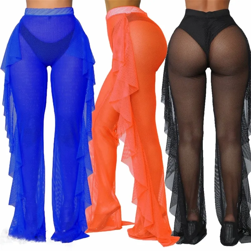 Sexy Women Beach Cover Up See Through Ruffle Pants Mesh Sheer Long Trousers Bikini Bottoms Swimsuit Swimwear LJ200824