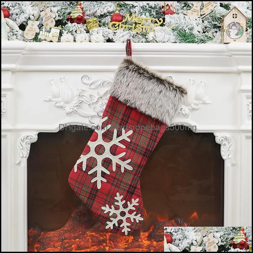 Christmas Stocking Ornaments Snowflake Stripe Red Gift Bag Plush Plaid Fabric Bags Baubles Tree Pendant 9 2xd F2