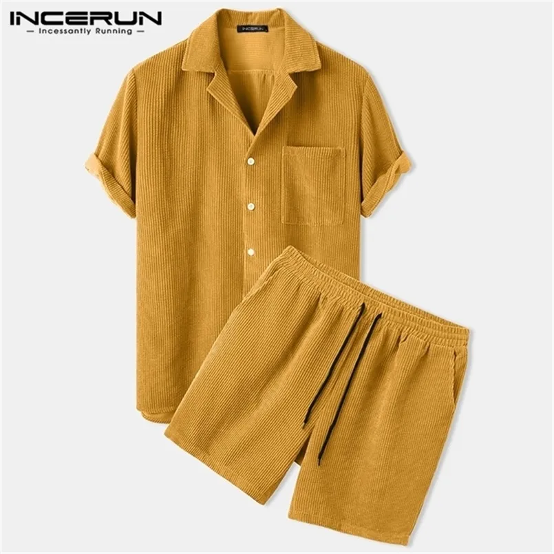 INCERUN Men Corduroy Sets Solid Color Short Sleeve Lapel Button Shirts & Shorts Chic Streetwear Mens Casual Suits S-5XL 220610