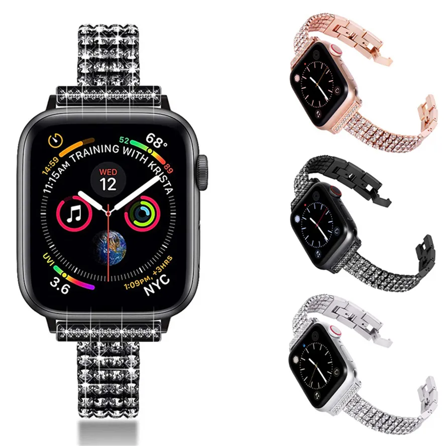 Bracelets de montre à la mode 4 rangées de bandes de chaîne de diamants Bracelet à maillons Bracelet en acier pour Apple Watch Series 7 6 5 4 Taille 42 44 45 38 40 41mm Bande