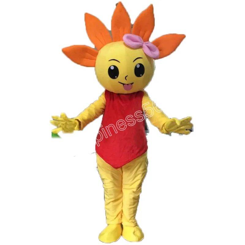 Halloween Amarillo Girasol Sol Flor Disfraces de mascota Traje de personaje de dibujos animados de alta calidad Traje Halloween Adultos Tamaño Fiesta de cumpleaños Vestido de festival al aire libre