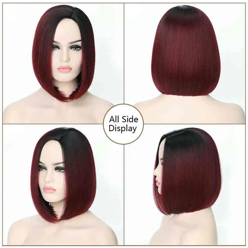 Syntetyczna krótka ombre ciemny korzeń do wina czerwony prosta 13,5 cali peruka do włosów dla kobiet naturalne codzienne użycie lub cosplay 220622