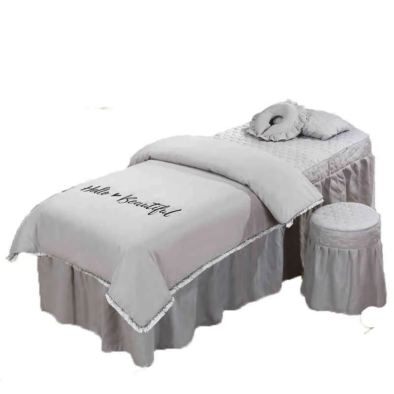 こんにちは美しい4PCSビューティーサロンマッサージスパ用タスル寝具セット刺繍ベッドスカートキルトシート布団カバー