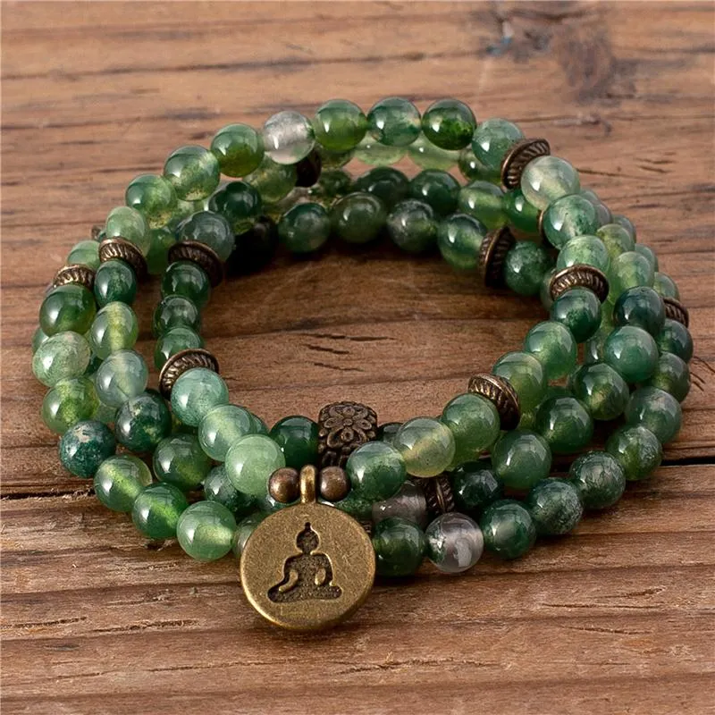 Fios de miçangas ioga artesanal 108 mala 6mm grama verde grama ágata bronze buda charme contas pulseira boho meditação jóias de jóias