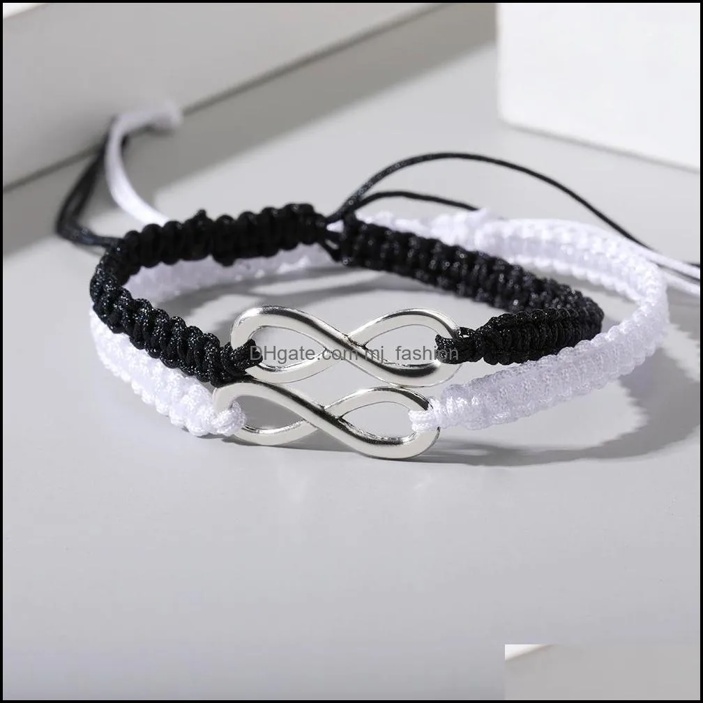 handmade fashion number 8 charms bracelet for women adjust silver plated infinity symbol bracelets black white braided rope gift