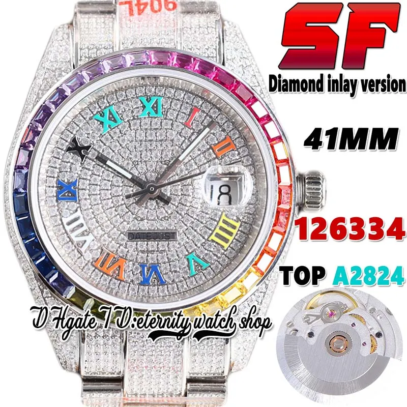 SF Senaste TW126333 TOP A2824 Automatisk herrklocka BL126334 EW126300 Square Diamond Bezel Rainbow Roman Dial 904L Steel Iced Out Diamonds Armband Eternity Watches