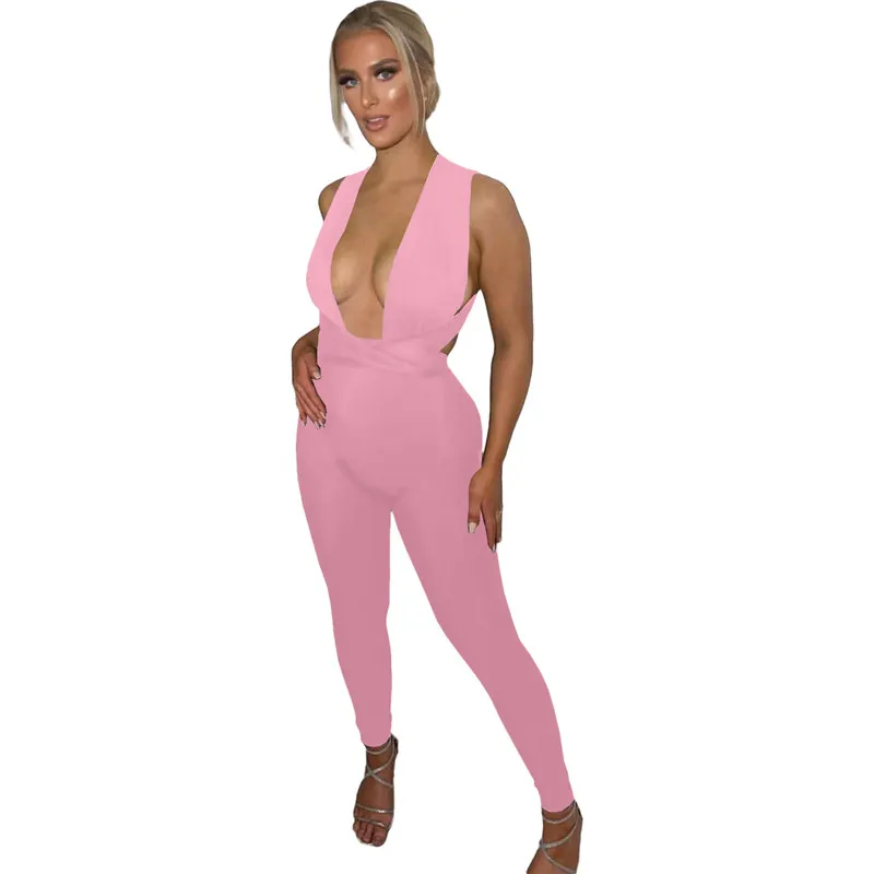 Nya grossist vackra jumpsuits Sommarkvinnor Deep V Neck Rompers Solid Backless Jumper Suits Skinny BodyCon Bodysuit Party Night Club Wear 7260