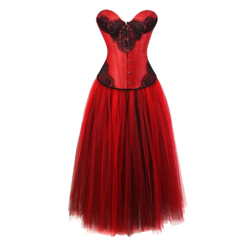 Bustiers Korsetts Sexy Spitzenblumen-Korsettkleider für Frauen Plus Size Bustier mit Rock Langes Tutu-Set Exotische Halloween-KostümeBustiers