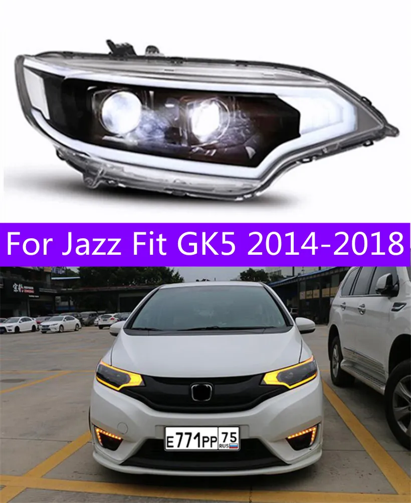 Fari Tutte le luci a LED per Jazz Fit 20 14-20 18 GK5 LED Guida all'assemblaggio del faro dinamico automatico DRL Versione con guida a destra e sinistra Accessori per lenti Bicofal