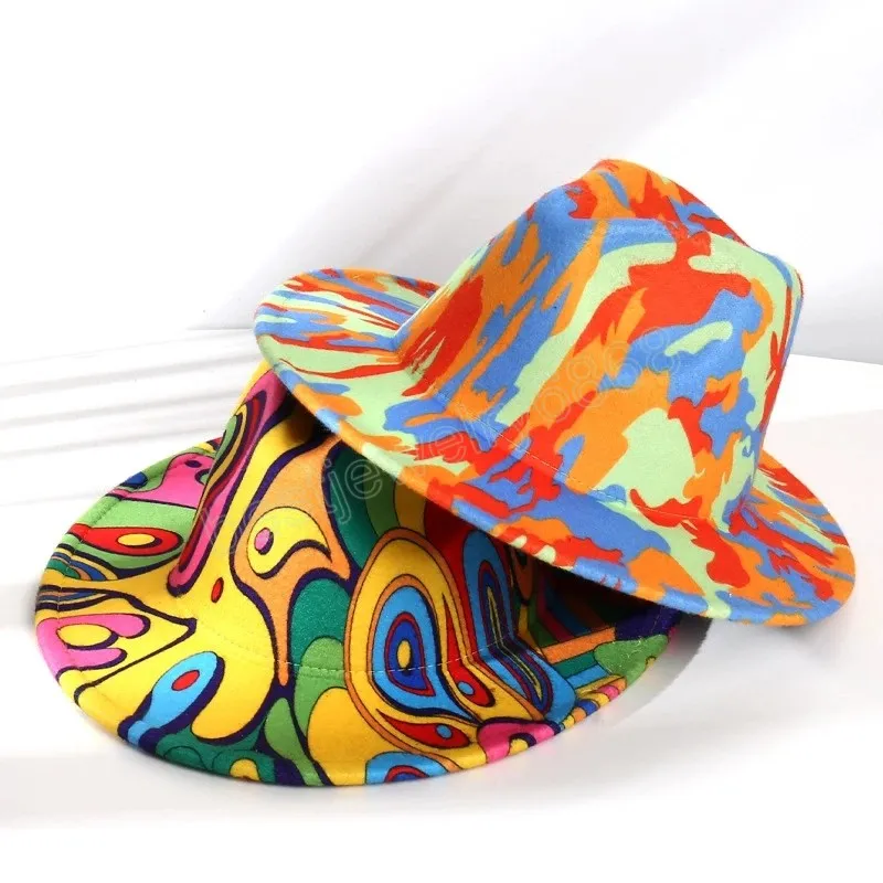 Fedora a tesa larga unisex con graffiti colorati per donna uomo cappello in cotone a tesa larga moda Fedora Top cappello jazz