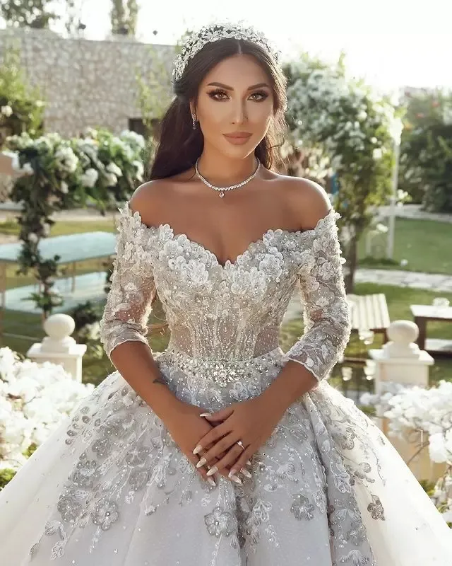 Luxury Beaded Wedding Dress 2023 Long Sleeve Lace Appliques Princess Bride  Ball Gown Swansarah As145 Plus Size Vestido De Novia - Wedding Dresses -  AliExpress