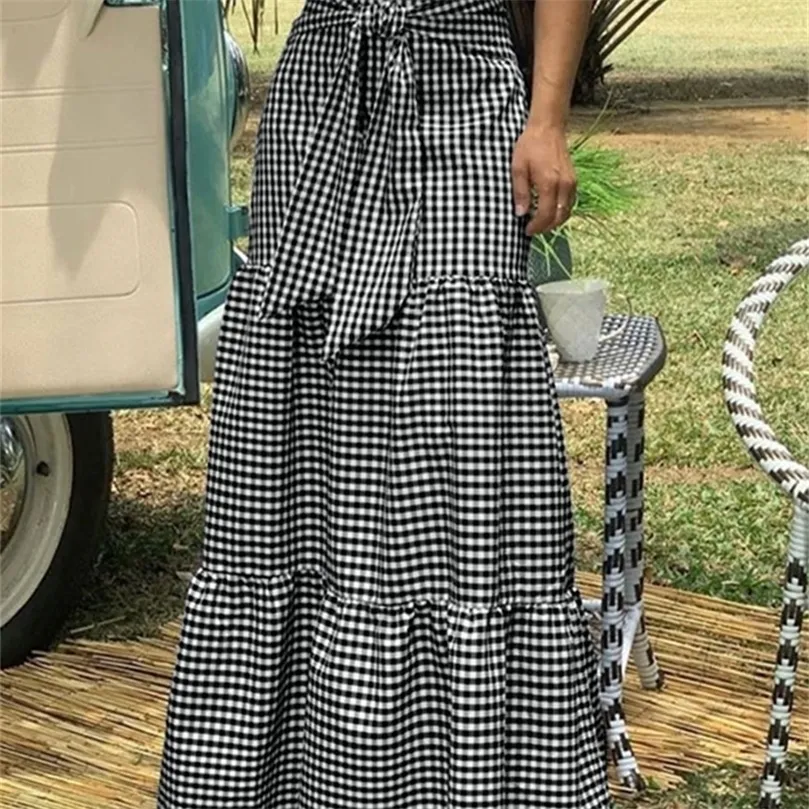 Women Long Maxi Skirts Celmia Autumn Vintage HighWaist Female Faldas Casual Plaid Check Loose Printed Belted Pleated Skirt 220701