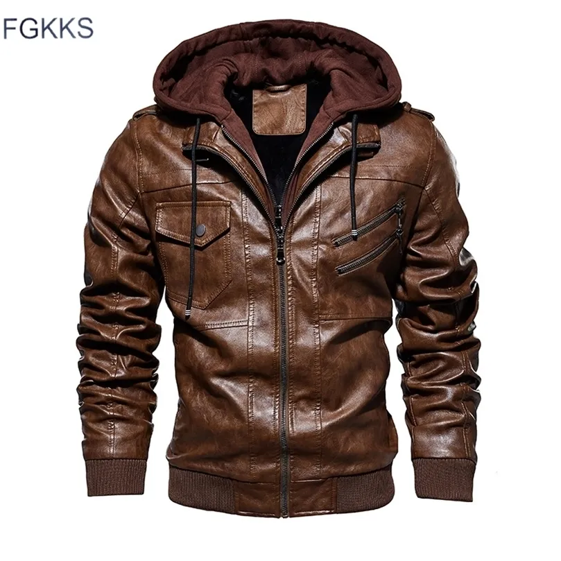 FGKKS hommes moto vestes en cuir hiver mâle mode décontracté à capuche fausse veste hommes chaud vestes en cuir PU manteaux 201128