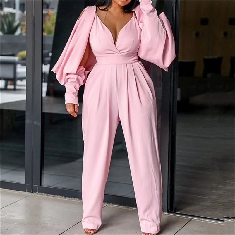 Wit roze elegante wide been dames jumpsuit rompers sexy v nek backless hoge taille lange mouw kantoor dames feest long jumpsuit t200701