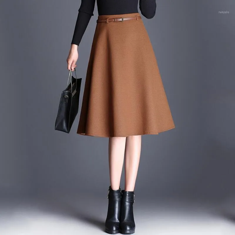 Kjolar Fashion Autumn Winter Woolen kjol Kvinnor 2022 Black Khaki High midja A-Line Mid Long PeTed Female S431