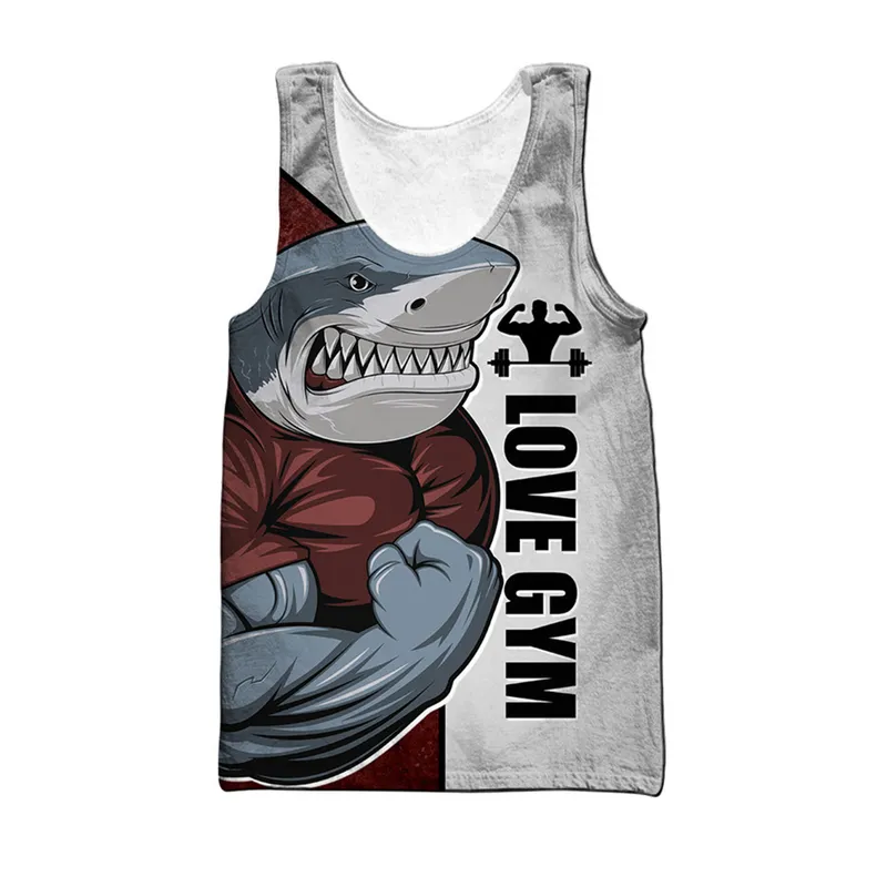 Cloocl Shark Love Fitness Tank Tops 3D 만화 동물 편지 인쇄 민소매 조끼 성격 DIY 체육관 남자 의류 220614