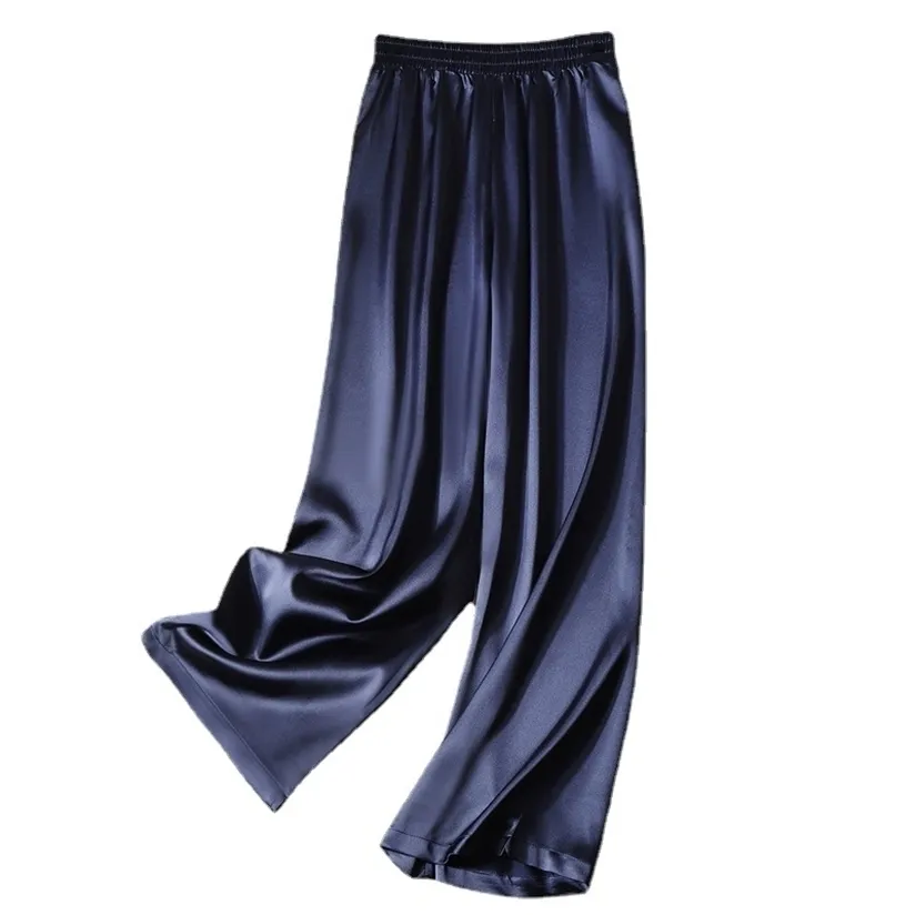 Imitation soie Satin jambe droite pantalon été large jambe taille haute nacré soyeux léger luxe pantalon 220325