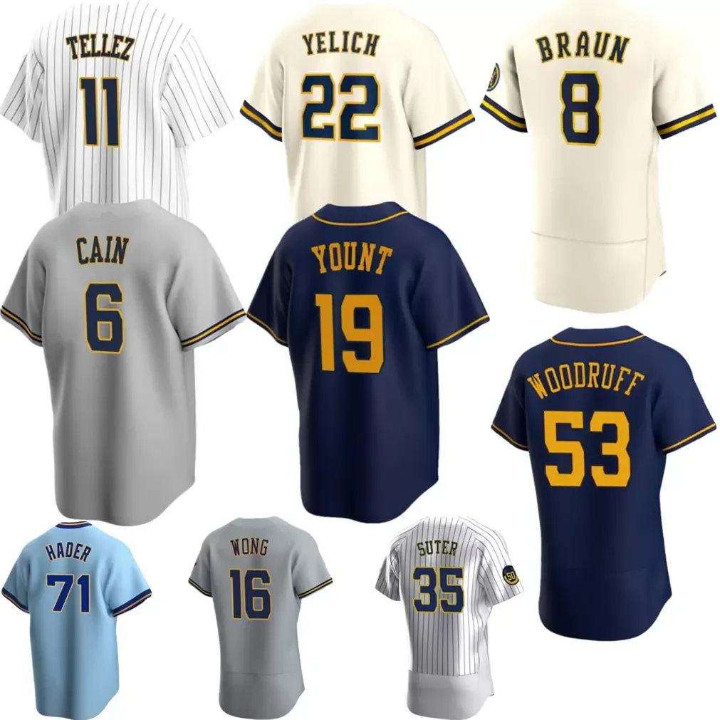 Camisola Christian Yelich Rowdy Tellez Kolten Wong Ryan Braun Robin Yount Lorenzo Cain Corey Ray Bettinger Custom Masculino Feminino Camisa de Beisebol Juvenil