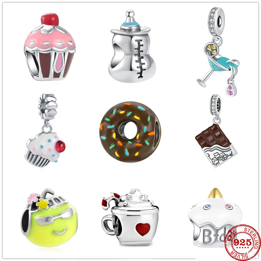 Abalorio colgante de plata de ley 925, cuentas de café, pastel, Donut, té de la tarde, compatible con pulseras Pandora, accesorios de joyería DIY