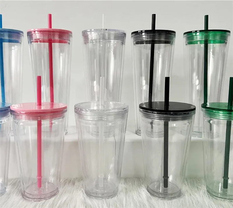 Bicchiere di plastica trasparente fai-da-te da 24 once 5 colori Bottiglie d'acqua acriliche con coperchio piatto con cannuccia colorata Tazze da caffè per ufficio a doppia parete Bicchieri riutilizzabili