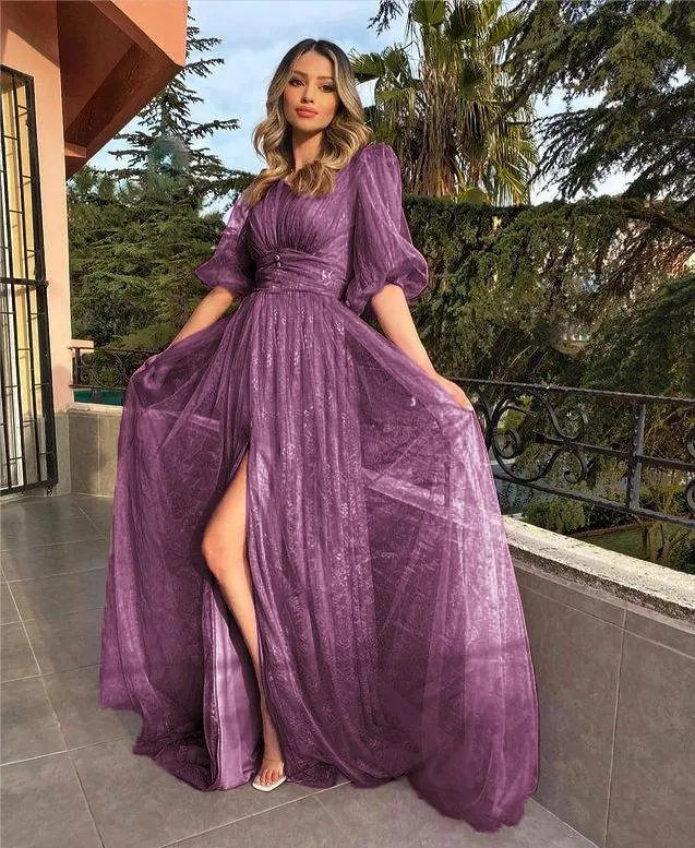 Purple Chiffon Maxi Dress: Elegant V-Neck Evening Gown with Puff Sleeves -  Shop Now! from Dhgate Basic & Casual Dresses - price 73.84