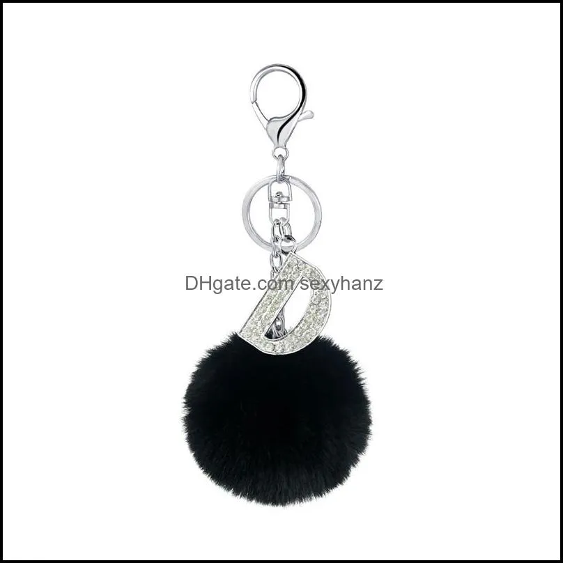 fluffy pompom key ring lady faux rabbit fur ball keychains crystal a-z alphabet letters keyfobs holder jewelry accessories