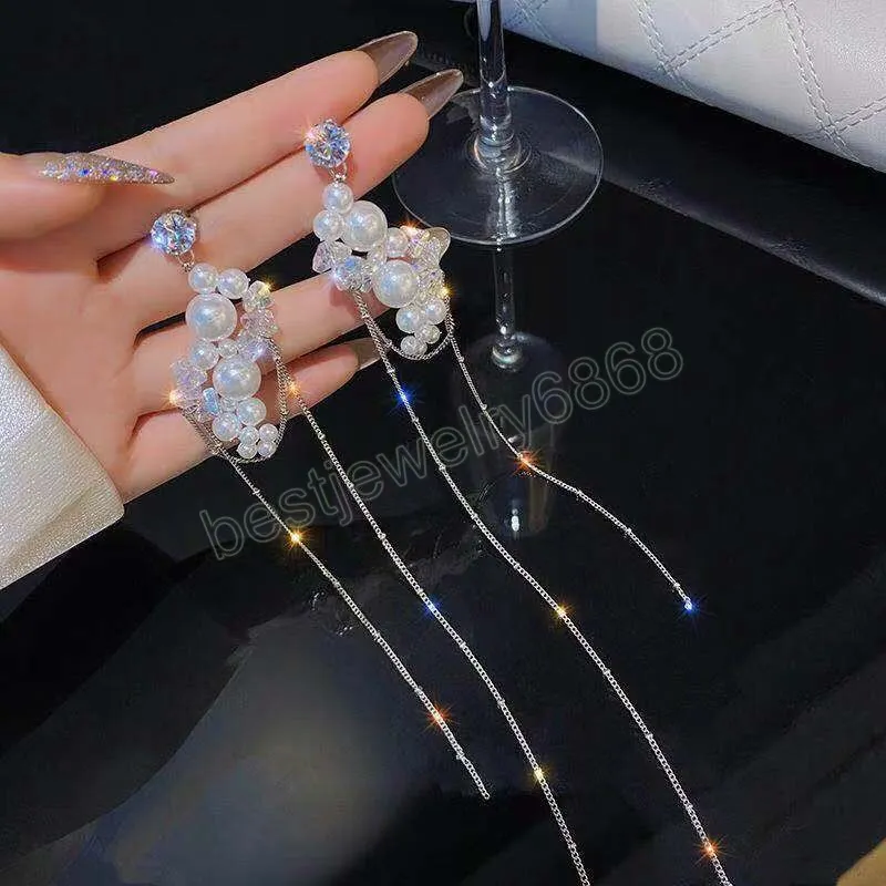 Luxur Crystal Long Pearls örhängen för kvinnor bröllop dingle tofasel öron smycken parti trend mode örontillbehör