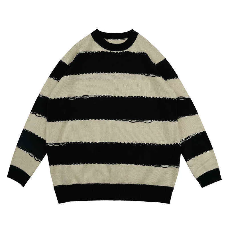 Retro Color Block Striped Crew Neck Pullover Mens Sweaters Harajuku Japanese Spliced High Street Oversize Casual Sweater Couple T220730