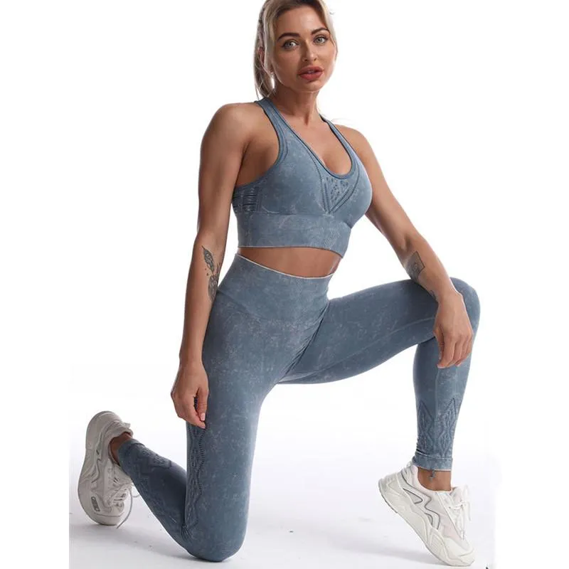 Pezzo da abbigliamento da yoga jacquard lavato set da donna abbigliamento sportivo per palestra cimice top fidings leggings sport sport sports femmineyoga