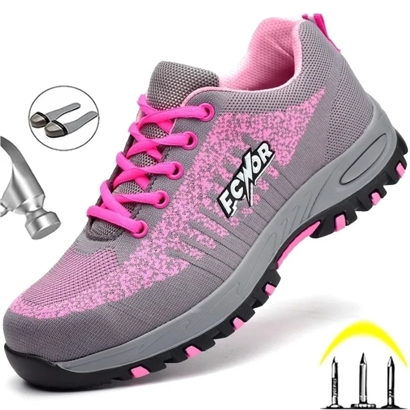 Sapatos de segurança indestrutíveis Mulheres de aço de aço trabalhos de tênis de tênis de punção Botas leves 220728