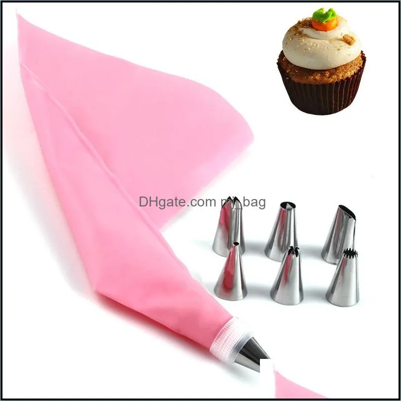 reusable silicone icing piping cream pastry bag+6 stainless steel baking tools cake nozzle diy cake decorating tips fondant